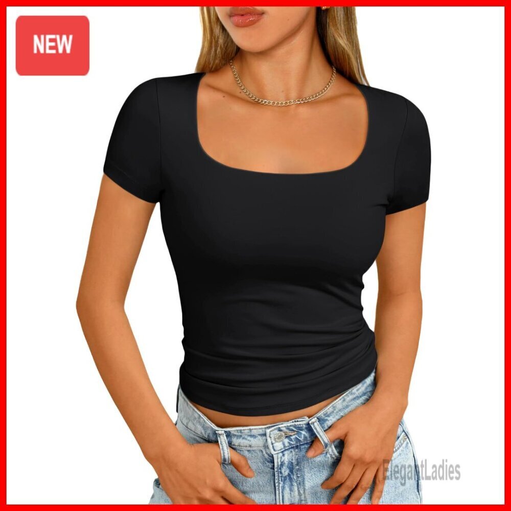 Double Lined Square Neck Crop Top Short Sleeve Tee Summer Basic